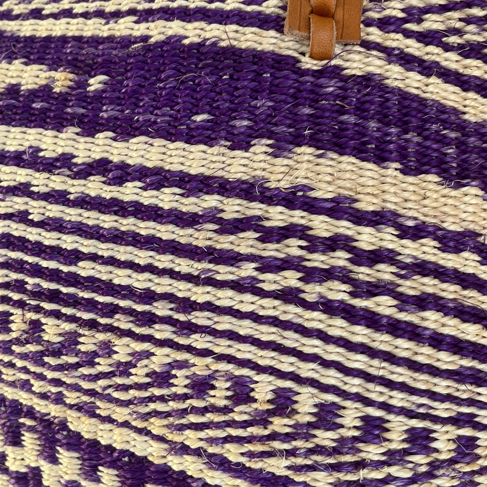 Handwoven Sisal Bag Kenyan Kiondo Basket Tote Leather Purple African Artisan - Picture 9 of 15